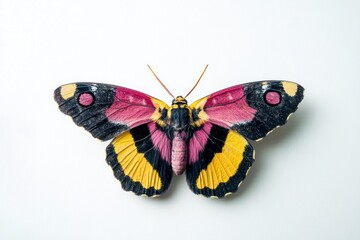 Naklejka premium Colorful moth specimen on white background, studio shot, nature study, insect design.