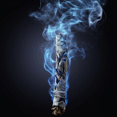 Burning sage stick with smoke against dark background
