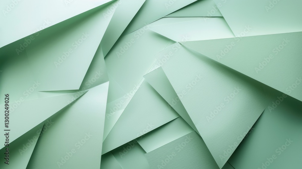 Poster overlapping mint green paper sheets in geometric arrangement. digital artwork of 3d rendering geomet
