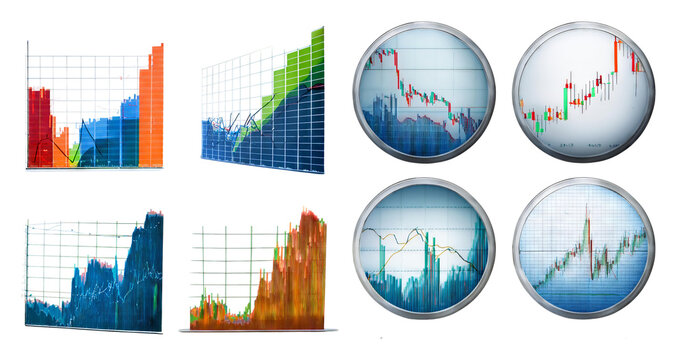 Colorful Financial Graphs and Charts for Business Analysis, isolated on transparent background