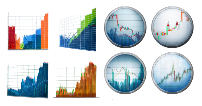 Colorful Financial Graphs and Charts for Business Analysis, isolated on transparent background