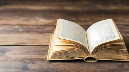 Obraz premium Open Old Book with Yellowed Pages on Rustic Wooden Surface