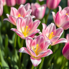 Fototapeta premium Delicate pink tulips with yellow centers clustered together in a sunlit garden