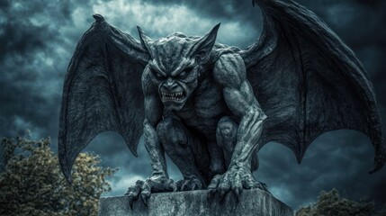 A menacing stone gargoyle perched on a pedestal under a stormy sky, evoking a sense of foreboding