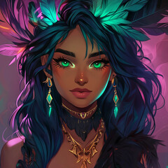 Obraz premium Fantasy girl with vibrant hair in a mystical background 