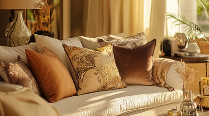 Luxurious interior setting featuring warm golden tones, elegant candlelight, plush textiles, and refined decorative elements, creating an atmosphere of opulence and classic sophistication