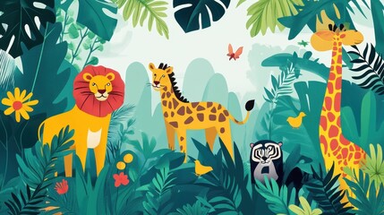 Naklejka premium Cartoon animals are in a lush green and dense jungle environment