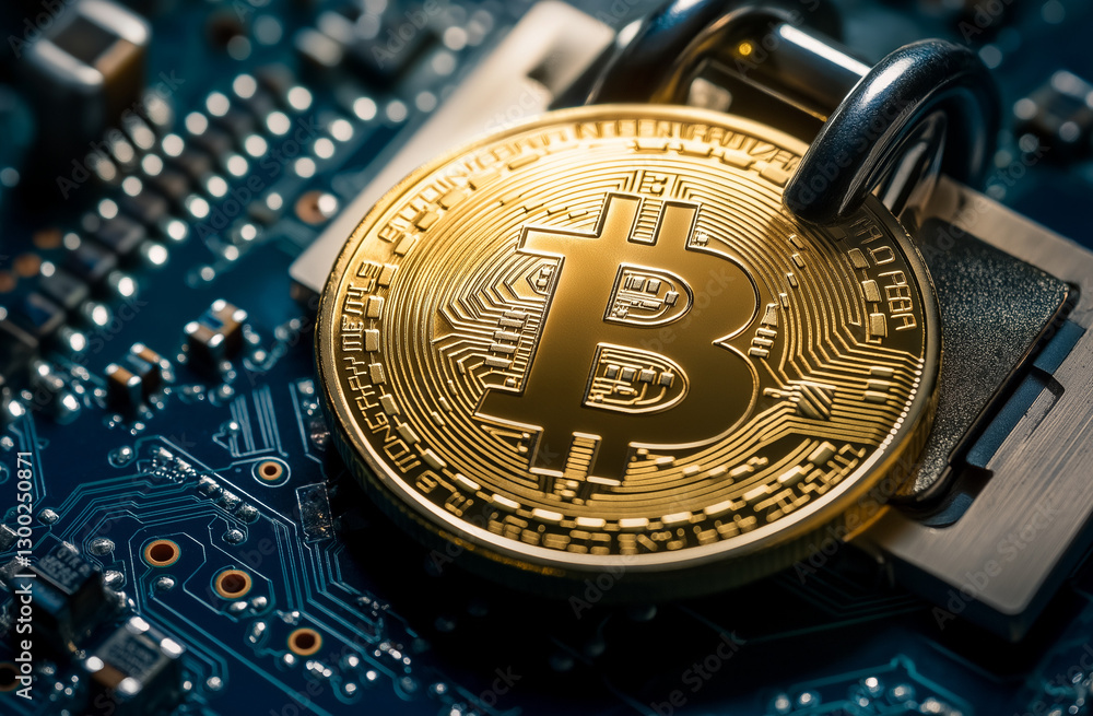 Poster a golden bitcoin coin is placed on top of an open padlock, against the backdrop of computer circuits