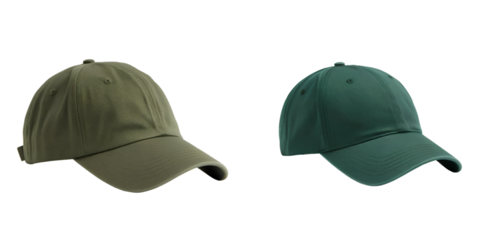 Green baseball cap with a rounded brim and stitched seam isolated on transparent background PNG