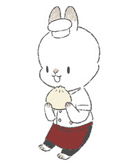 肉まんを食べる中華の料理人のうさぎのキャラクターの手書きイラスト
