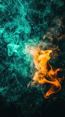 Teal and orange smoke swirls against black background; abstract art, design