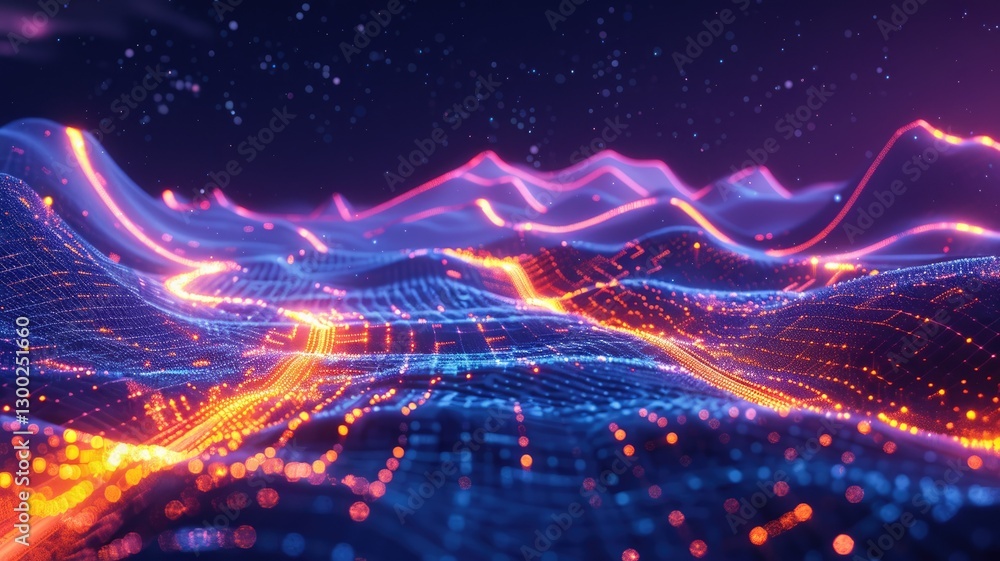 Poster an engaging abstract representation of a cyber night scene, featuring a mountainous landscape illumi
