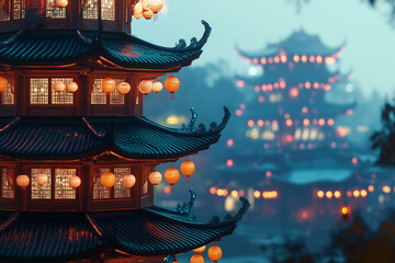 Fototapeta premium Illuminated pagoda with lanterns in misty background