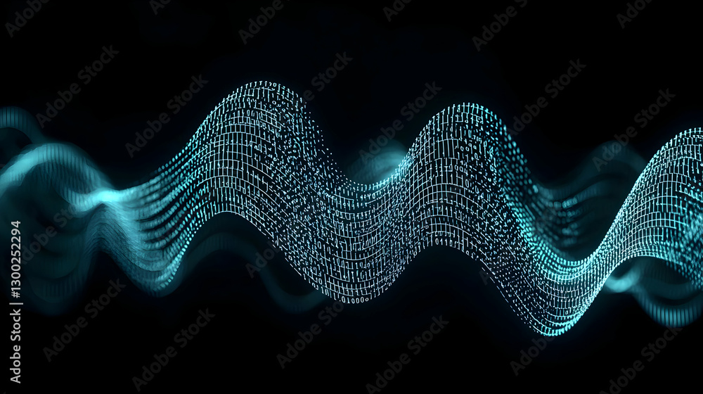Poster abstract blue wave form against a black background representing digital data and technological flow