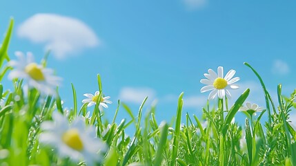 White Daisies in Green Grass Field Under Blue Sky