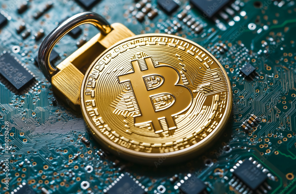 Poster a golden bitcoin coin is placed on top of an open padlock, against the backdrop of computer circuits