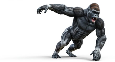 Angry Gorilla Prowling Forward Ready to Attack on Isolated White Background