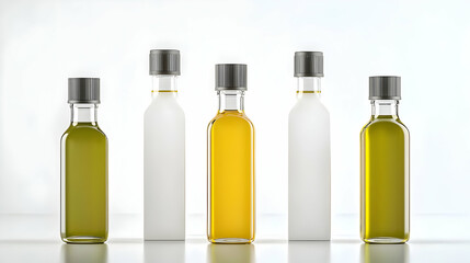 Array Of Olive Oil Bottles In Varying Shades On A Reflective White Surface