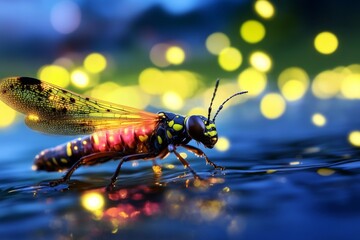 A pond illuminated by fireflies at dusk, creating a magical glow over the water
