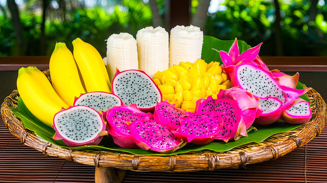 Tropical fruit platter exotic location food photography lush environment close-up view culinary delight