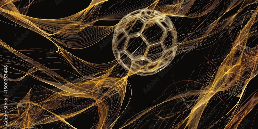 Poster abstract orange, black, and white swirling patterns with soccer floating in the air. background imag