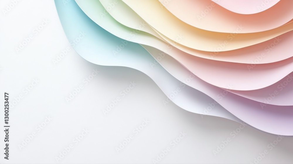 Poster abstract layered pastel pattern with flowing curves and soft colors on a white background.