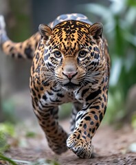 Obraz premium Jaguar walks on trail, jungle foliage, stock wildlife photo