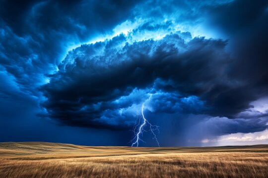A powerful thunderstorm rolling over an open field, with dark clouds and lightning strikes