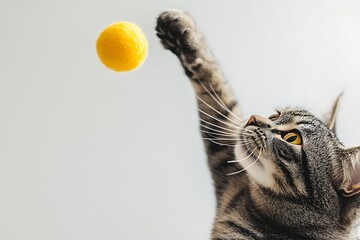 Playful tabby cat reaching up to bat a yellow ball against a white background, captured in a dynamic close-up