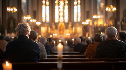Peaceful church congregation attendees praying candles lit warm light mass holy calm hope back gold