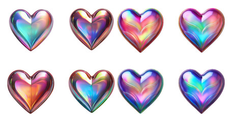 Colorful Iridescent Hearts Collection for Digital Design Use, Bundle Set Collection, Isolated on Transparent Background