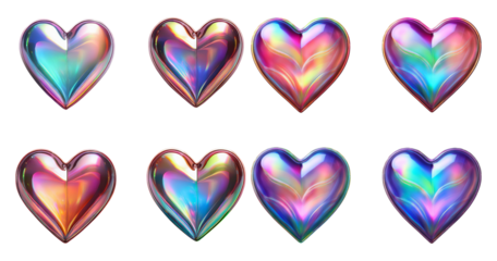 Colorful Iridescent Hearts Collection for Digital Design Use, Bundle Set Collection, Isolated on Transparent Background