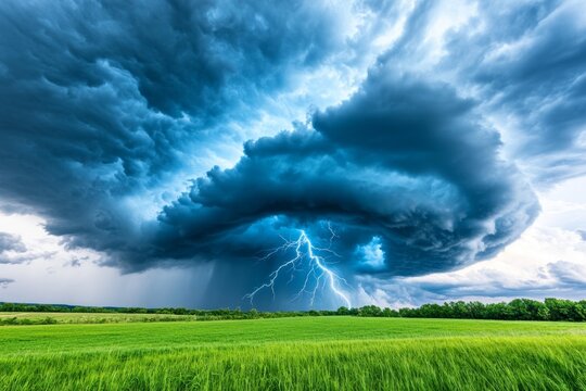 A powerful thunderstorm rolling over an open field, with dark clouds and lightning strikes