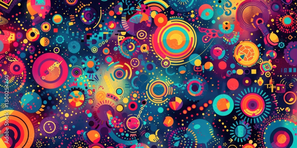 Poster colorful abstract geometric pattern with interconnected circles and line. digital artwork of geometr
