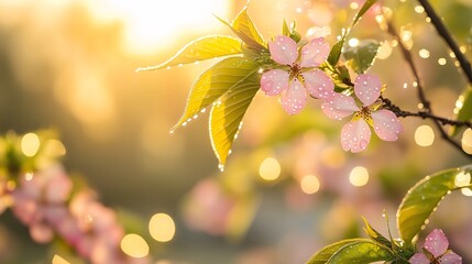 Obraz premium Dewdrops on pink cherry blossoms and green leaves during spring equinox sunrise. Generative ai illustrations