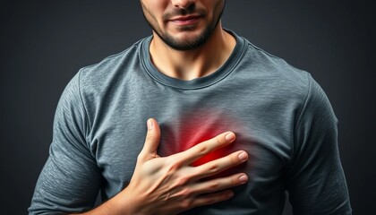 A young male, exhibiting a distressed expression, clutches his chest, symbolizing heartache or discomfort in a dramatic lighting.