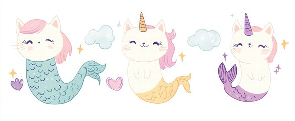 set of cute cartoon mermaid cats with unicorn horns different poses and expressions, sticker set
