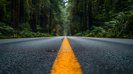 Straight Asphalt Road With Yellow Center Line Through Dense Forest Landscape