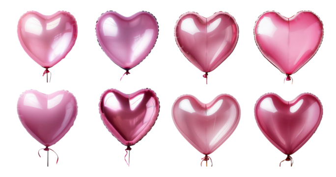 Assorted Heart-Shaped Balloons in Various Pink Shades, Bundle Set Collection, Isolated on Transparent Background