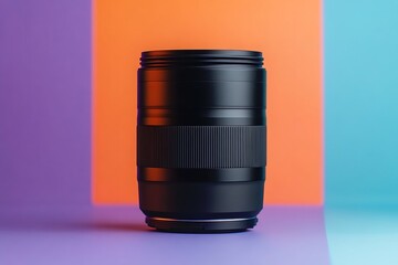 A close-up, detailed shot of a professional camera lens against a vibrant, abstract backdrop of purple and orange hues