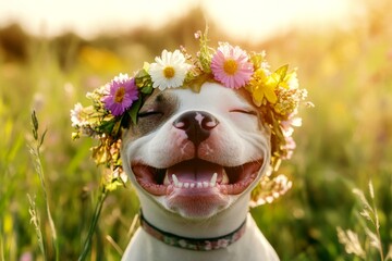 Sunny days happiness. Cute baby dog american staffordshire terrier wearing savage flower circlet on its head. Sunny daylight. Bright summer atmosphere for dogs. Dog surrounded by flowers.
