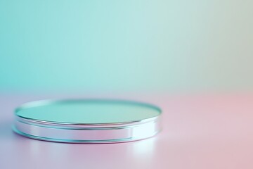 A close-up, minimalist image of a petri dish on a softly colored surface, with a bokeh background