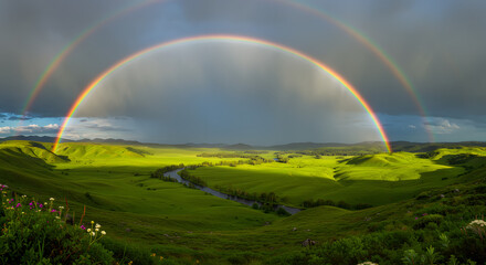 Fototapeta premium rainbow over green field