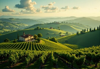 Naklejka premium Tuscan Farmhouse and Vineyards at Sunset