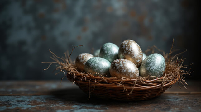 Easter eggs of pastel color in a nest on a dark grunge background