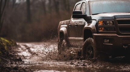 Truck Splashing Through Muddy Trail in Overcast Forest