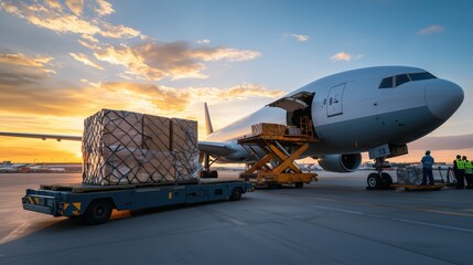 Air Freight Logistics Operations at Dusk with Aircraft and Ground Handling Equipment in Action, Showcasing the Transport Industry's Modern Infrastructure