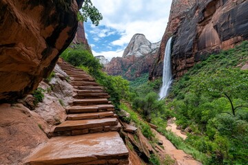 A scenic waterfall slowly carving a deep canyon into the rock below