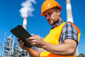 A scientist analyzing air quality samples near a power plant, studying pollution levels