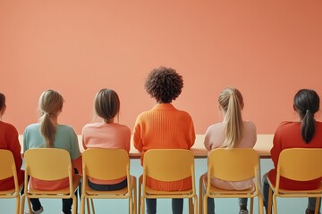 Diverse group of people sitting in chairs facing an orange wall, seen from behind